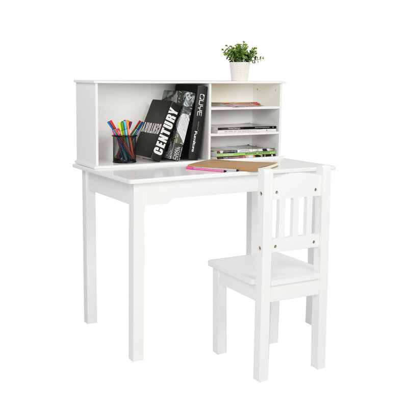 Student Table Chair Set Kids Study Desk White Painted W/5-Layer Multi-Function Bookshelf 80x50x88.5CM[US-Stock]