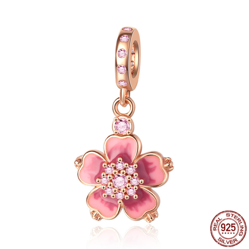 Abalorio de plata de ley 925 para mujer, accesorio con flores de esmalte rosa, hoja de arce, compatible con pulsera Pandora Original, regalo de joyería