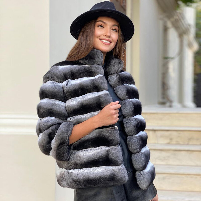 Detachable Fur Coat Women Winter Natural Rex Rabbit Fur Jacket Chinchilla Colored Fast Shipping