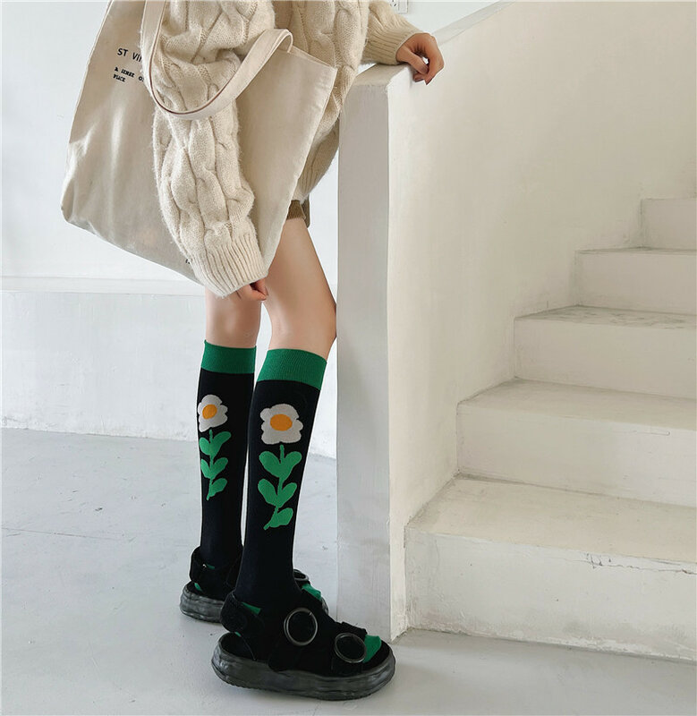 New Calf Socks High Quality Cotton Japanese Diamond Lattice Jacquard Socks Slim Lolita Comfortable Cute Small Flower Stockings