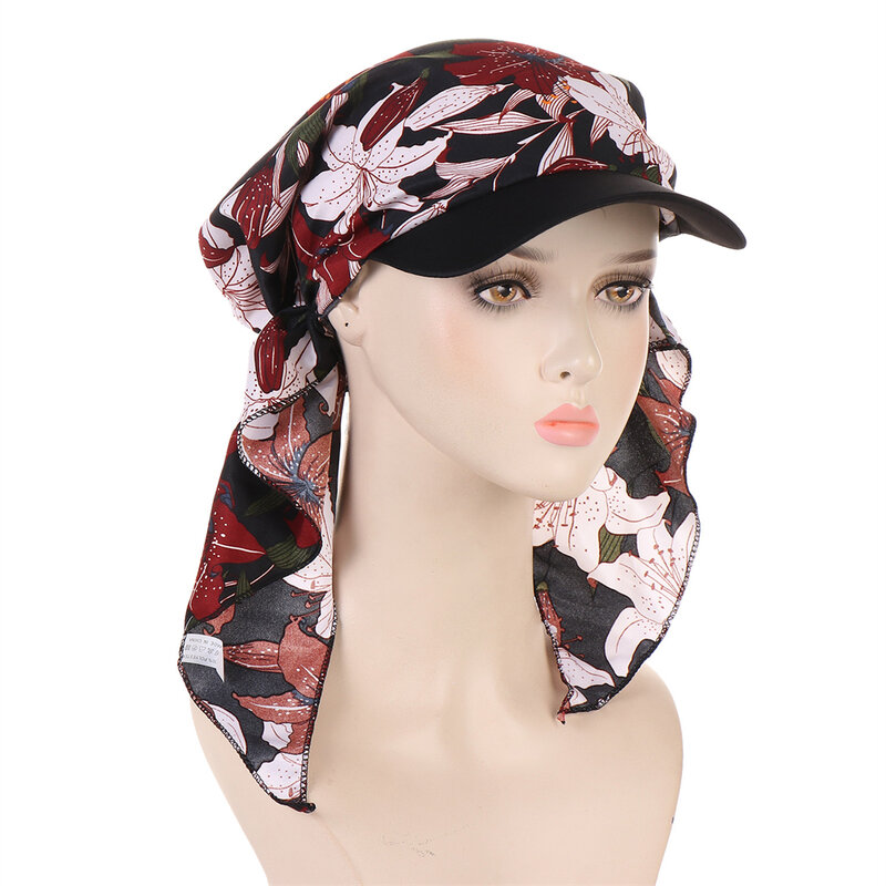 Fashion Muslim Floral Print Hijab Turban Hat for Women Visor Baseball Cap Sun Hats Headscarf Scarf Brim Femme Scarves Bandanas
