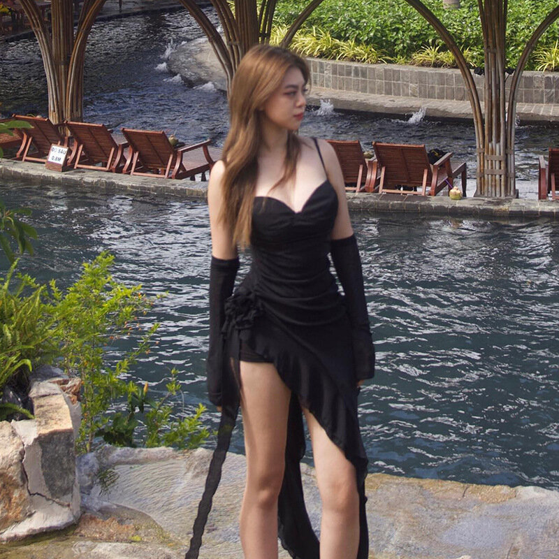 XY23066 пикантное облегающее платье для отпуска для девушек, облегающее короткое платье с цветочным рисунком листьев лотоса на бретелях