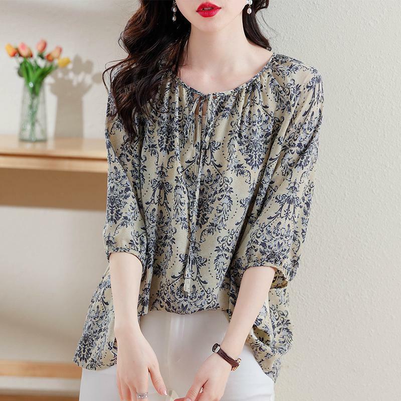 Elegant O-Neck Printed Lace Up Bow Floral Blouses Women's Clothing 2024 Summer New Loose All-match Tops Office Lady Shirts