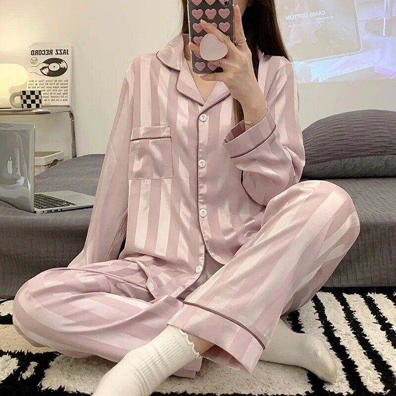 Pijamas conjuntos de alta qualidade luz de seda de luxo sleepwear feminino primavera outono manga longa cardigan moda seda gelo casa roupas