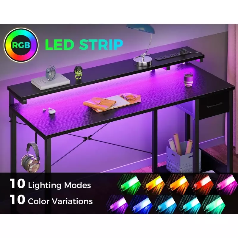 Game table with LED lights and power outlet, 55 inch computer table with drawers, double-sided table with headphone hooks, black