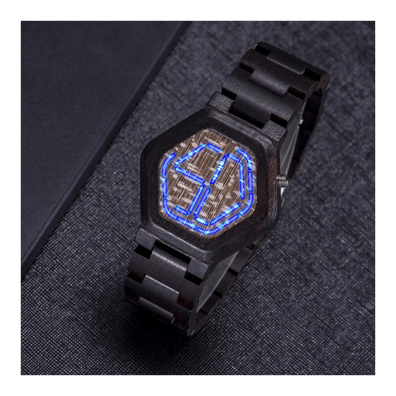 Multifunctioneel Waterdicht Elektronisch Horloge Voor Mannen En Vrouwen, Digitale Display Kalender Houten Verstelbare Riem Mode Horloge