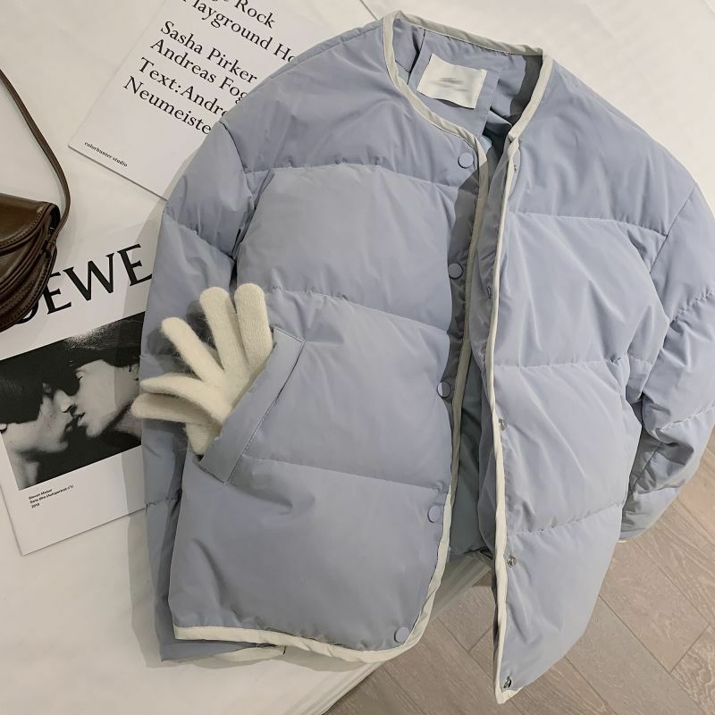Vintage Blue Parkas Women Korean Fashion Casual Cotton Padded Coat Female Autumn Winter Single Breasted Oversized Thin Outerwear