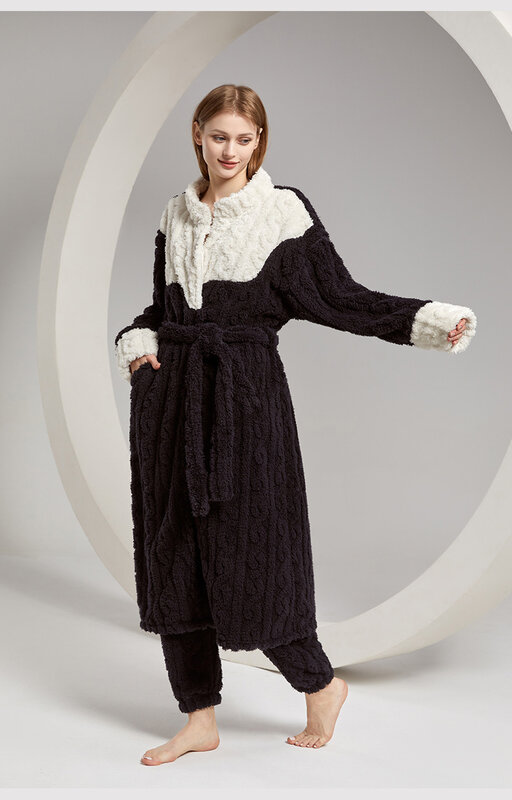 2023 New In European American Women's Arctic Velvet Fashion Warm Loungewear Set Winter Contrast Color Dressing Gown Pants Set