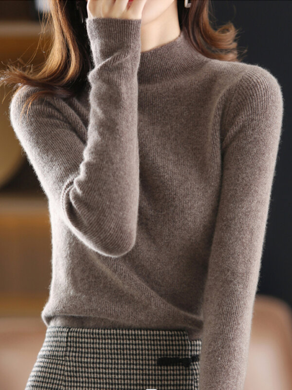 Suéter de Cuello medio alto para mujer, Jersey de punto de manga larga, Top de otoño e invierno, ropa femenina, novedad