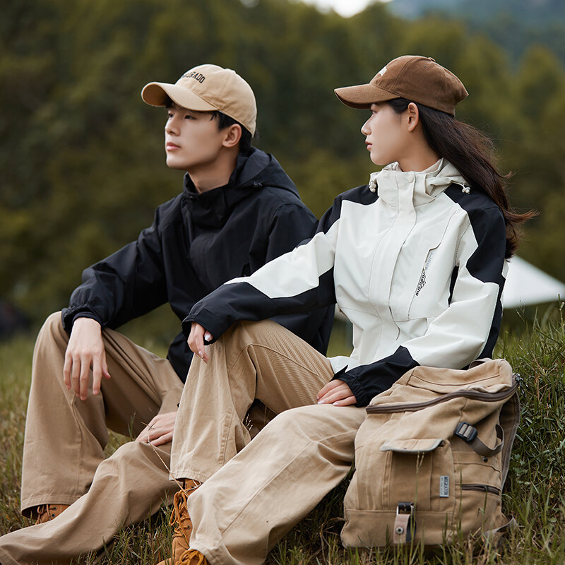 Casaco corta-vento de brim destacável, jaquetas esportivas ao ar livre, estilo coreano moderno, casual, casal, novo para primavera e outono