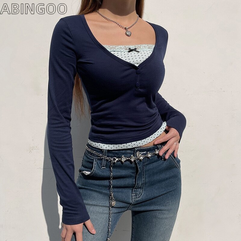 ABINGOO-Camiseta de emenda de renda Y2K feminina, blusa casual com 2 decote em v, mangas compridas, ajuste fino, ponto de onda, primavera, outono