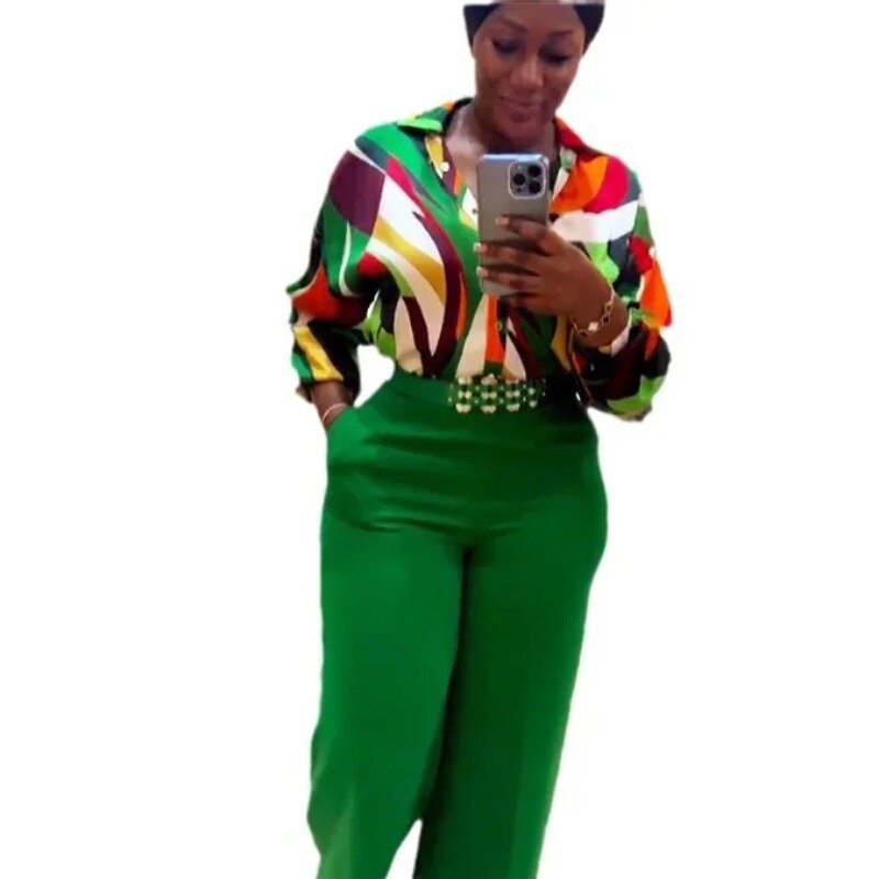 2 Delige Afrikaanse Kleding Voor Vrouwen Herfst Elegante Afrika Lange Mouw V-Hals Print Top Lange Broek Bijpassende Sets Afrikaanse Kleding