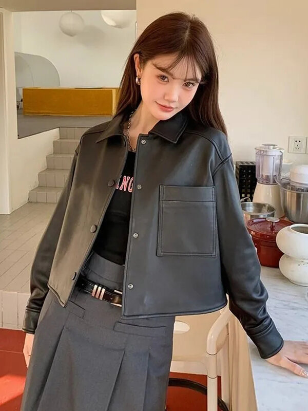 Design nero Pu giacca donna moda eco-pelliccia Moto cappotto Casual manica lunga bottoni larghi femminili Harajuku Streetwear Outwear