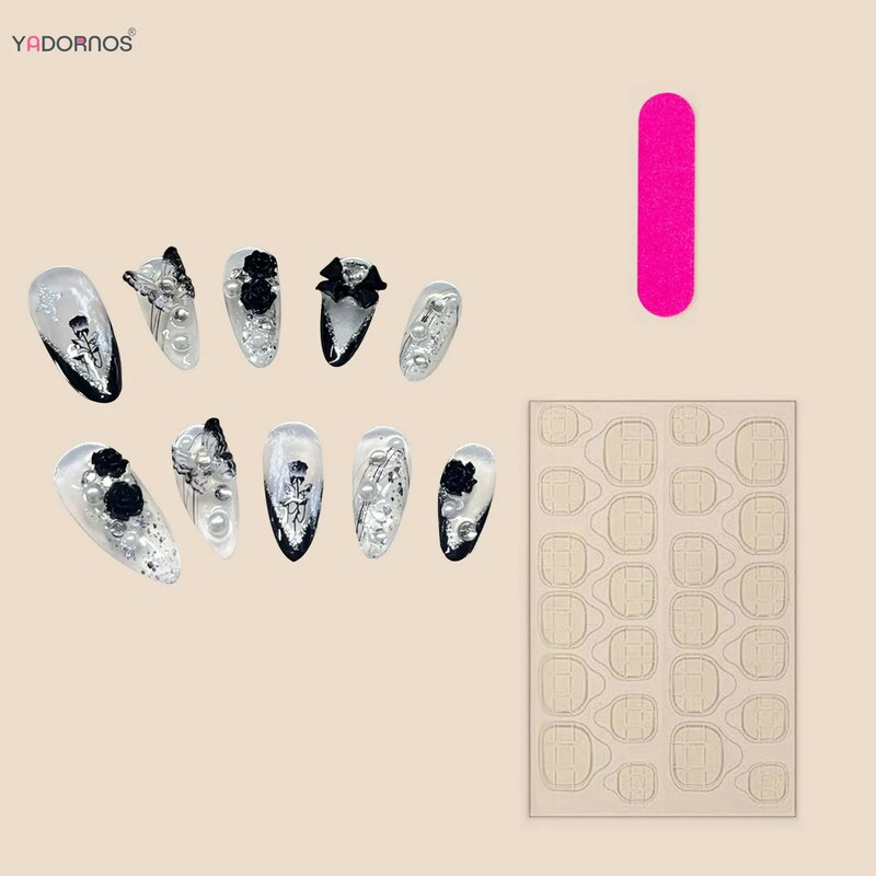 Белый балетный накладной ноготь ручной работы черный французский стиль накладные ногти розовый цветок бабочка Бант дизайн носимые накладные ногти