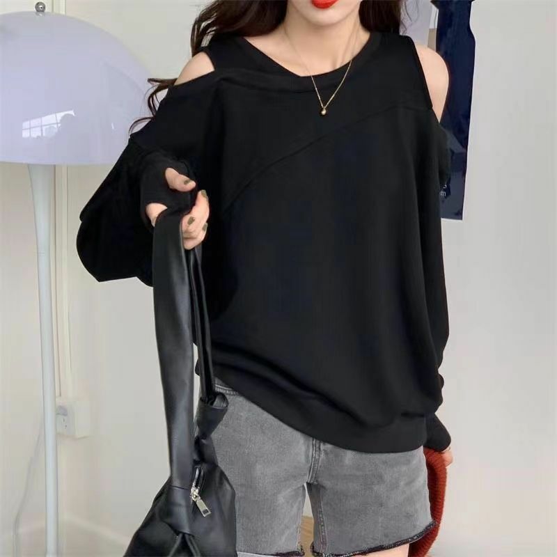 Spring Autumn Round Neck Off the Shoulder All-match Casual Sweatshirt Ladies Hollow Out Solid Color Top Women Oversized Pullover