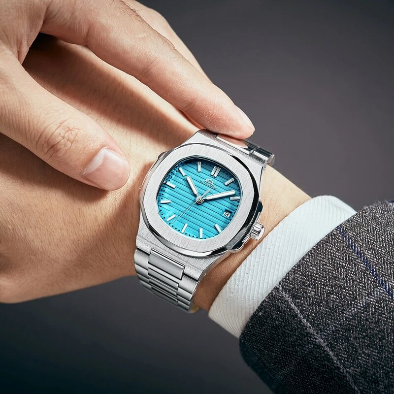 Automatyczny automatyczny wiatr mechaniczny Luminous stal nierdzewna niebieski szary Coffe czarny biały Dial prosty biznesowy zegarek męski