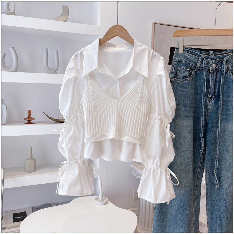 Camisa de manga folhada para mulheres, camisa branca, senso de design pequeno, camisola curta, top, novo, 2023