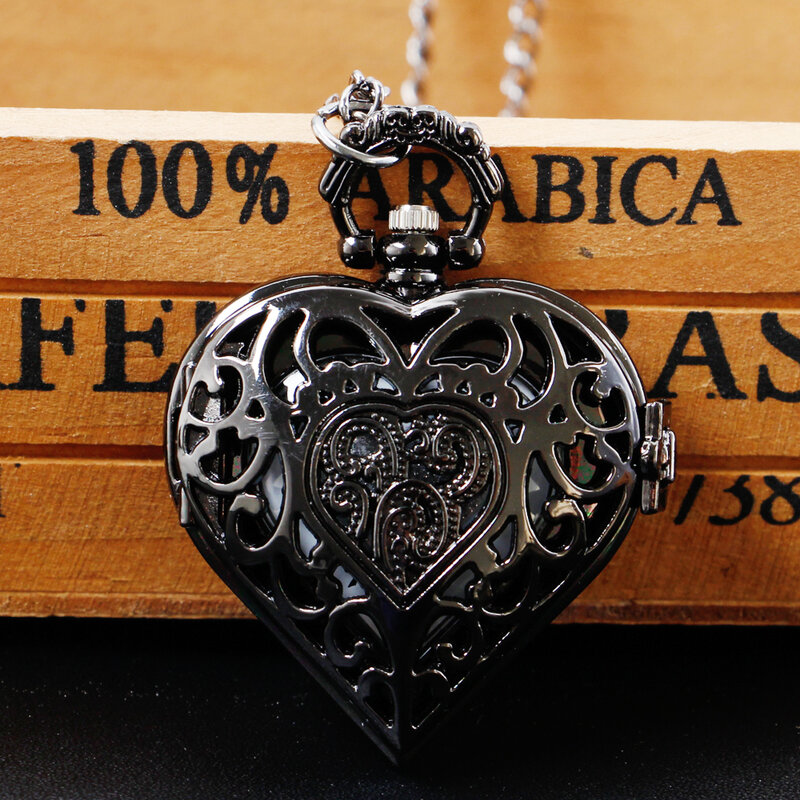 Schwarz Vintage Exquisite Hohl Heart-shaped Halskette Quarz Taschenuhr Anhänger mit 80cm Kette Mens Frauen Geschenk reloj hombre
