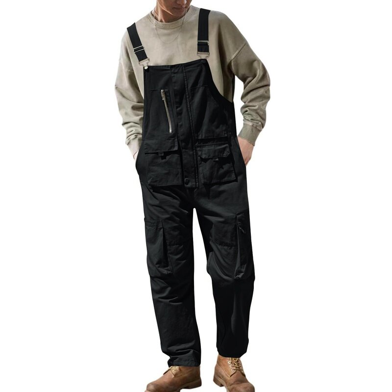 Men Oversized Overalls Solid Color All-Match Cargo Style Bib Jumpsuits Daily Commute Convenient Workwear Dungarees Romper