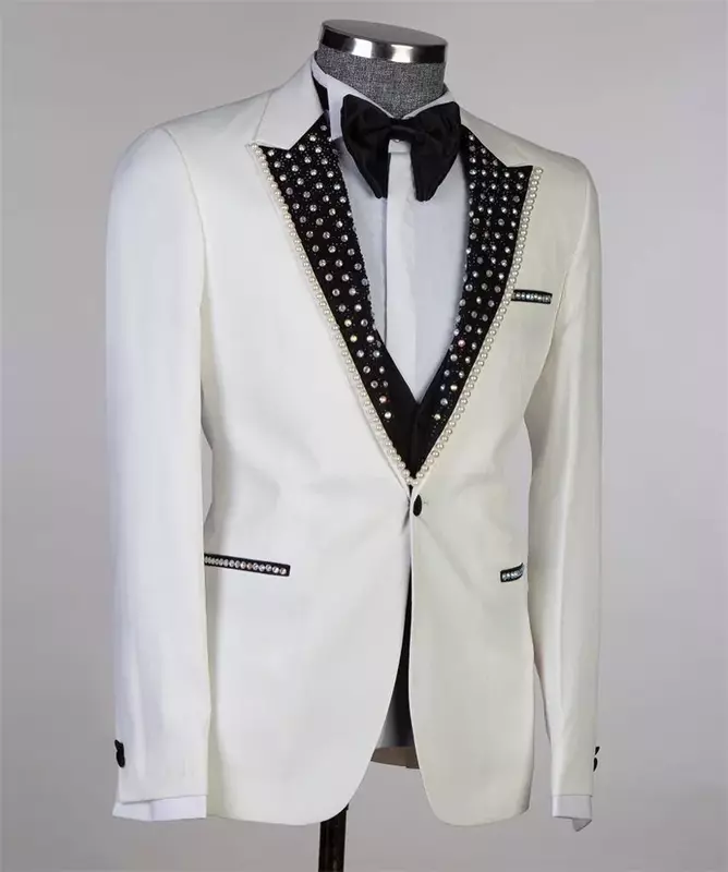 Conjunto de terno de smoking de cristal de luxo masculino, blazer e calça, personalizado, jaqueta branca, formal, escritório, noivo, casamento, baile de formatura, 2 peças