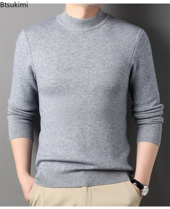 Suéter masculino de malha meia gola alta quente, lã de imitação, pulôver monocromático, malha masculina, moda casual, novo, 2023