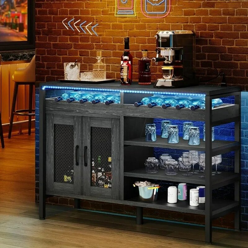 Industrial Bar Cabinet com Tomada de Energia e Luzes LED, Armazenamento Liquand Óculos, Coffee Cabinet, Home Bar