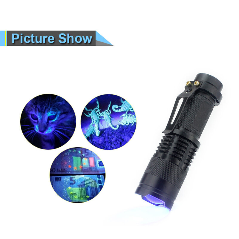 Ultrafioletowa latarka LED z funkcją zoomu, mini lampa czarnego światła, detektor plam i zwierzęcego moczu, polowanie na skorpiony