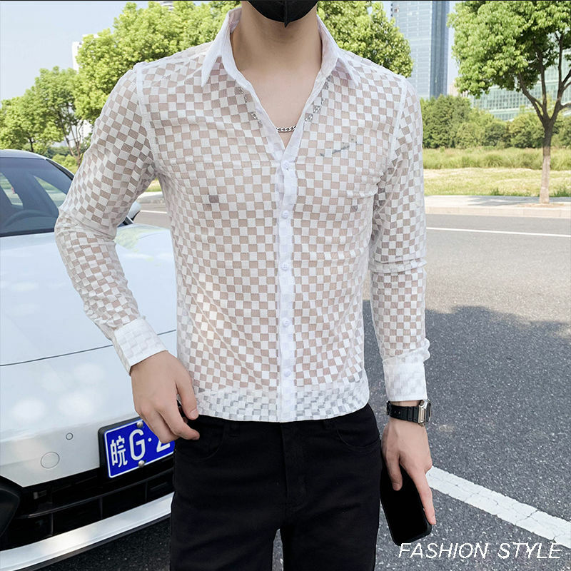 Spring Summer New POLO Collar Fashion Long Sleeve Shirt Man High Street Casual Button Cardigan Hollow Out Sheer Personality Top