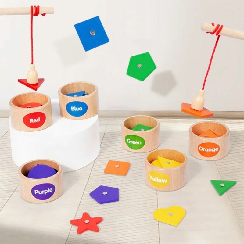 Mainan edukasi anak-anak, permainan edukasi edukasi dini, permainan memancing kognisi geometris, cangkir klasifikasi warna magnetik kayu untuk anak-anak