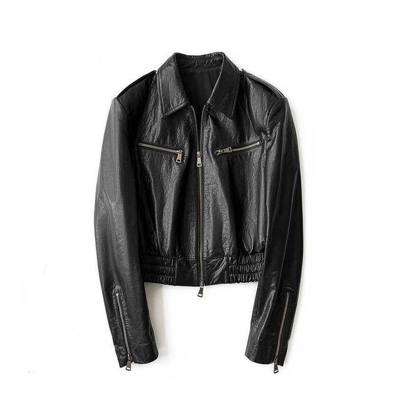 女性のための本革のオートバイのジャケット,長袖,牛革,短いジャケット,ファッショナブル,新しい2024