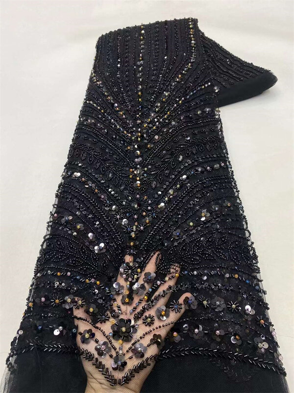 Tecido de renda francesa frisada africana para vestido de noiva, lantejoula malha de tule material de costura, cristal artesanal, alta qualidade 2024