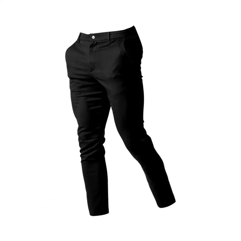 Pantalones informales ajustados para hombre, pantalón Formal de negocios con cintura elástica, botón, cierre de cremallera, bolsillos, Color sólido, suave