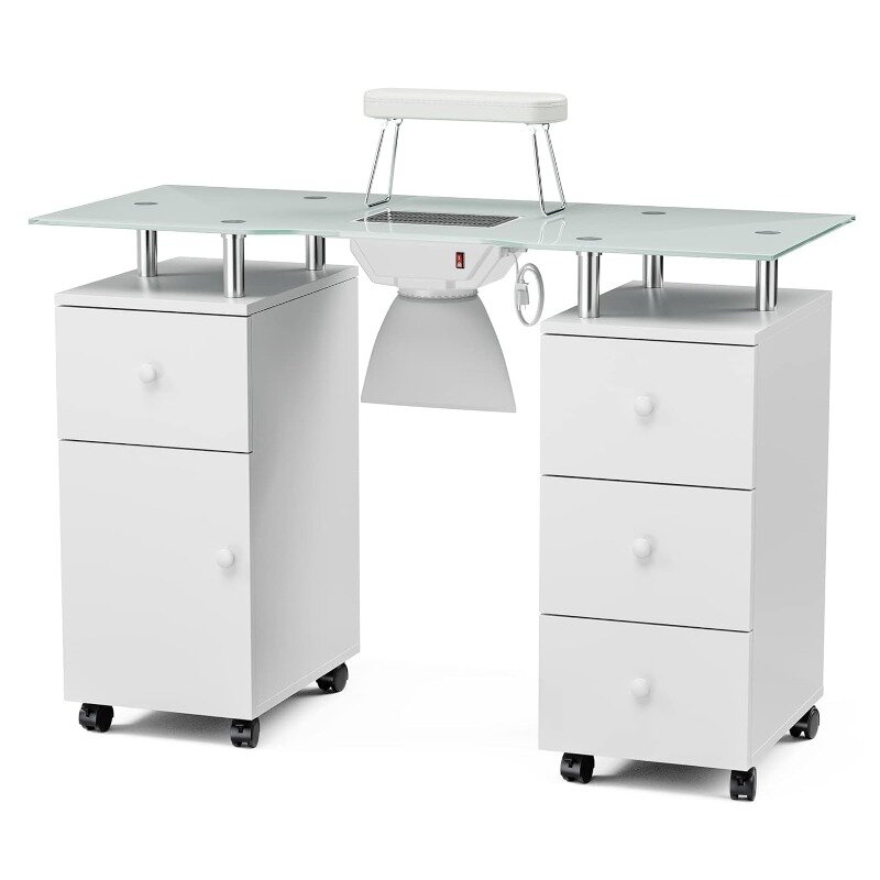 Manicure Table with Glass Top, Foldable Arm Rest, Lockable Wheels, Storage Drawers for Nail Tech