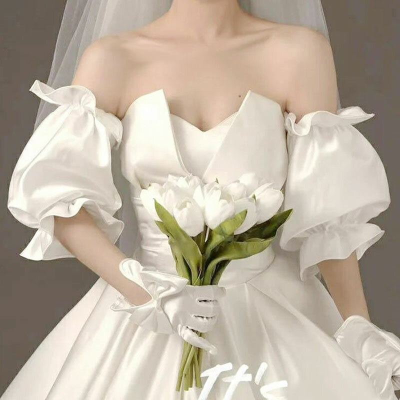 Satin Bridal Sleeves Wedding Puff Sleeves White Satin Cuffs Detachable Bridal Bicep Medium Length for Elegant Wedding Gloves