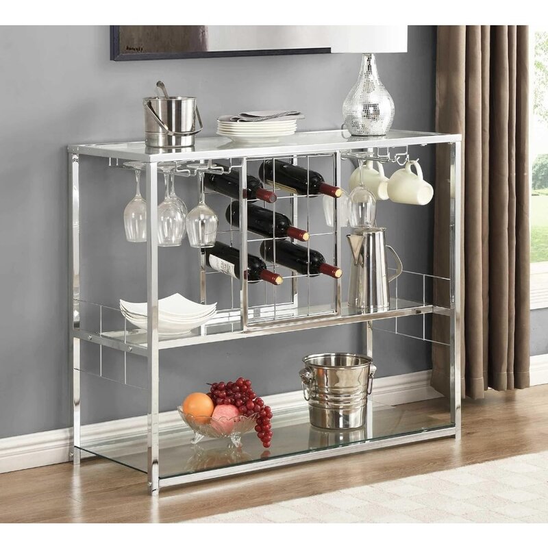 Wine Rack Table with Glass Holder, 3-Tier with Temered Glass Shelves, Modern Liquor Cabinet with Storage for Wine Bar, Living