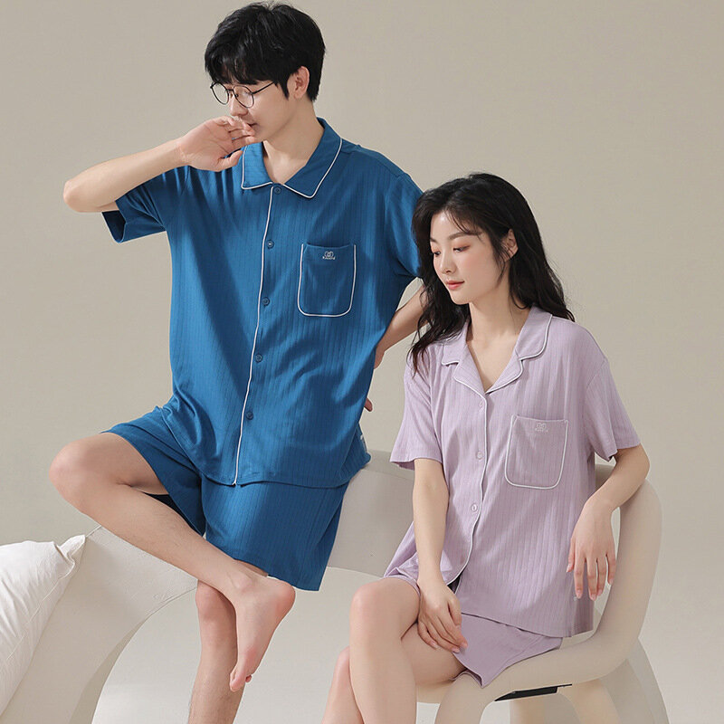 ชุดนอนคาร์ดิแกนคู่ชุดนอนฤดูร้อนแขนสั้นของผู้หญิงชุดนอนกางเกงขาสั้นของผู้ชายชุดนอน pakaian rumahan นุ่มแบบเกาหลี