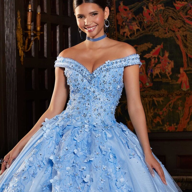 EVLAST Meksiko biru Quinceanera Gaun gaun bola 3D bunga Applique manik-manik korset manis 16 15 gaun Vestidos De 15 aduduk TQD143