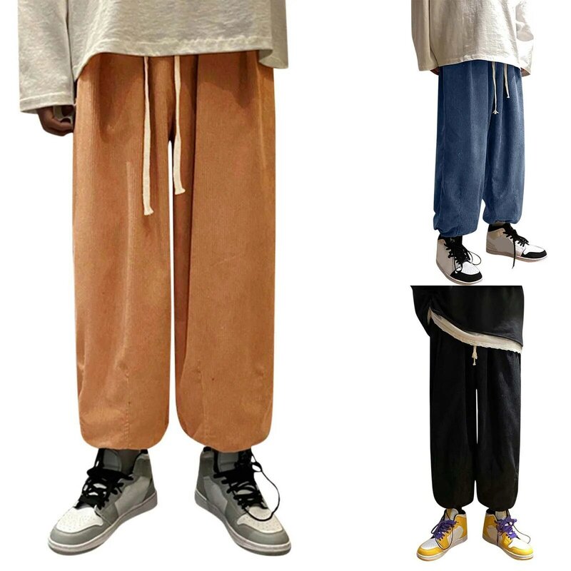 Брюки мужские из полиэстера, Повседневные Дышащие прямые свободные штаны в Корейском стиле, полуширокие брюки с поясом