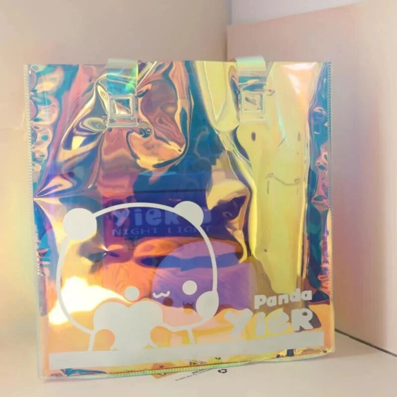 Bubu And Dudu-bolsa de PVC transparente con estampado de oso Panda, bolso de mano portátil de gran capacidad con dibujos animados iridiscentes, bolsas de regalo