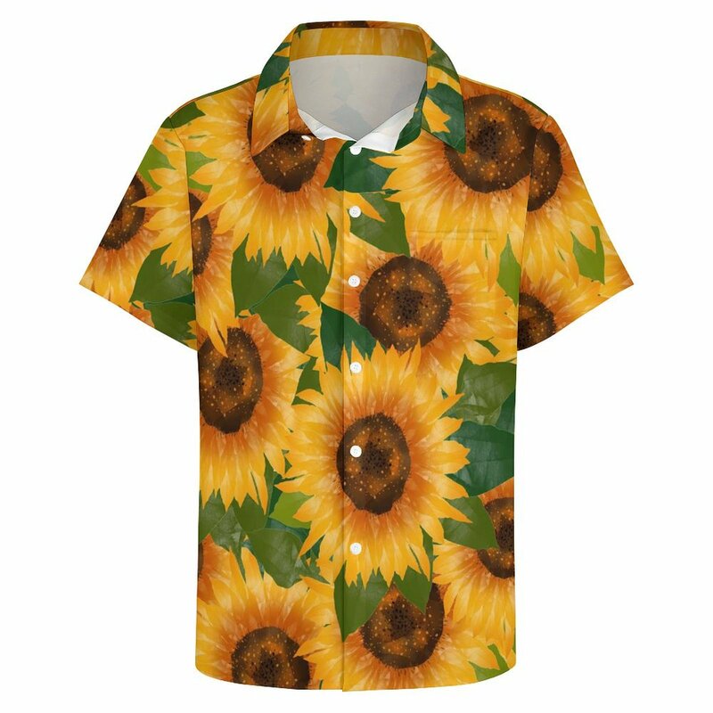 Kemeja Hawaii bunga matahari kuning pria, blus cetakan bunga kasual lengan pendek desain nyaman Vintage ukuran besar