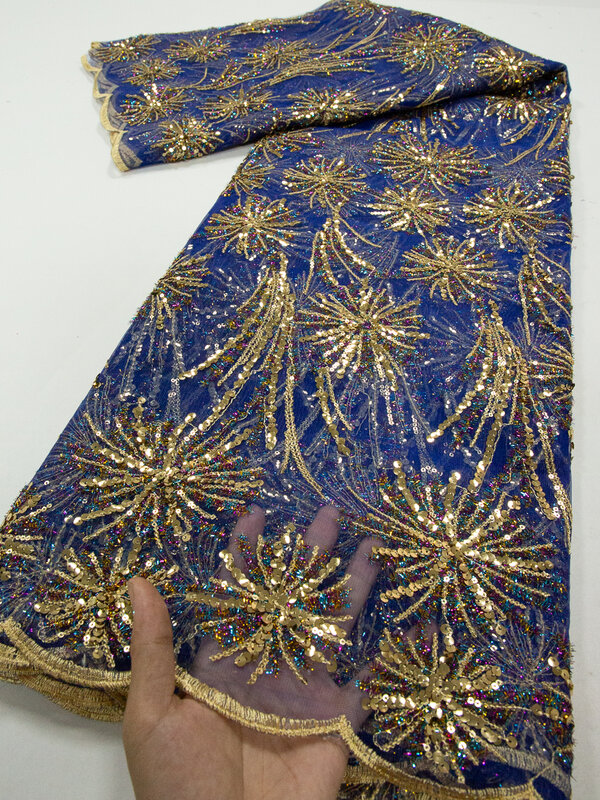 Tissu africain en dentelle de tulle bleu marine pour robes de soirée, lacets de tulle français, maille nigWin, dernières paillettes, TY3810, 2024