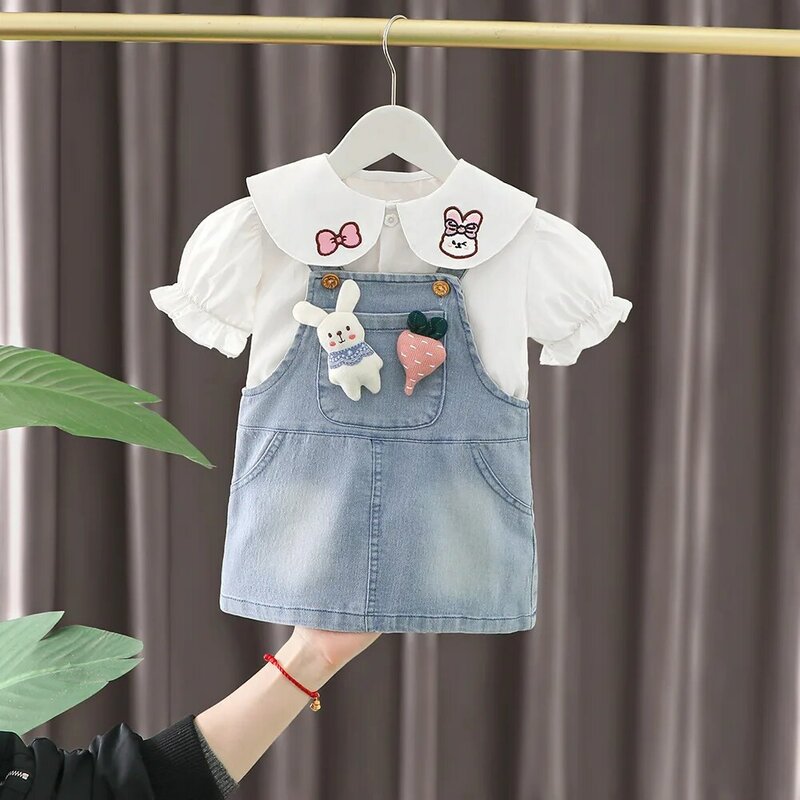 Mädchen Kleidung setzt Sommer Kinder süße Hemden Jeans Overalls Röcke 2 stücke Kleid Gesamt anzug für Baby Prinzessin Outfits Kinder 5y