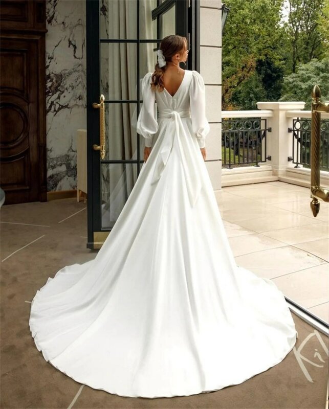 Gaun pernikahan lampu pagi untuk wanita 2023 gaun pengantin kerah V untuk gereja dasi kupu-kupu punggung terbuka Amanda Novias