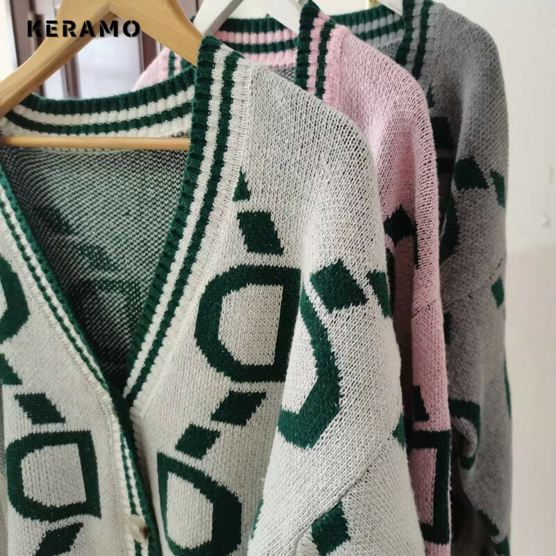 Cárdigans de punto con estampado Vintage para mujer, suéter holgado de manga larga con cuello en V, moda Retro informal de invierno, 2023