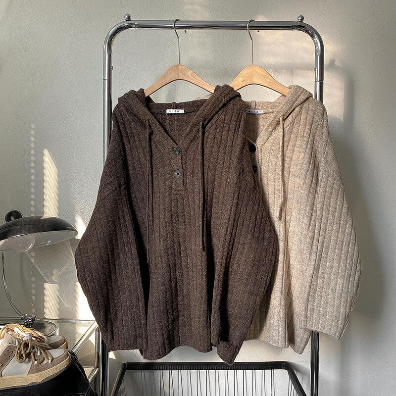 Suéter de punto marrón Vintage para mujer, de manga larga Sudadera con capucha, Tops holgados simples, moda coreana informal, otoño