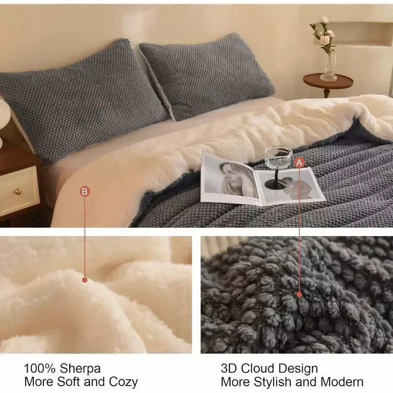 Set selimut Jacquard 3D, ultra-lembut hangat bulu Ratu mewah 3-potong Set mewah tempat tidur nyaman dengan 2 sarung bantal 90 "x 90", abu-abu