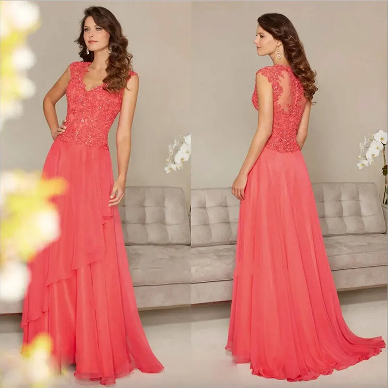 Coral V Neck Sequins Lace Applique Full Length A Line Mother of the Bride Dresses For Weddings فساتين السهرة  2023