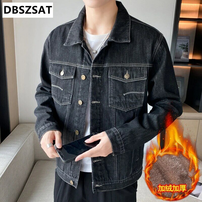 Novo 2023 algodão denim jaqueta masculina casual cor sólida lapela único breasted jeans jaqueta outono fino ajuste qualidade dos homens jaquetas