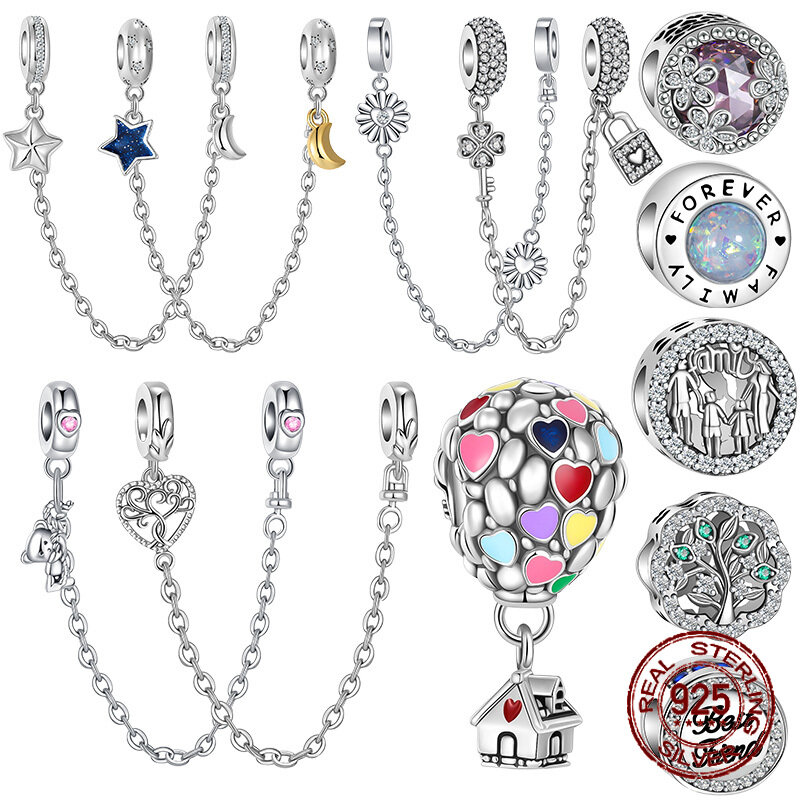 925 encantos de prata esterlina para mulheres, jóias DIY, corrente de segurança, romântico, flores, balão, talão, se encaixa pulseiras Pandora originais, novo