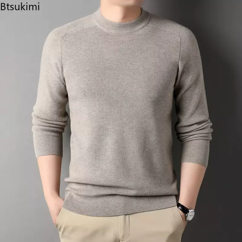 Baru 2024 wol pria tebal rajutan bawah kemeja Sweater musim gugur musim dingin mode lengan panjang Sweater pullover atasan semua cocok